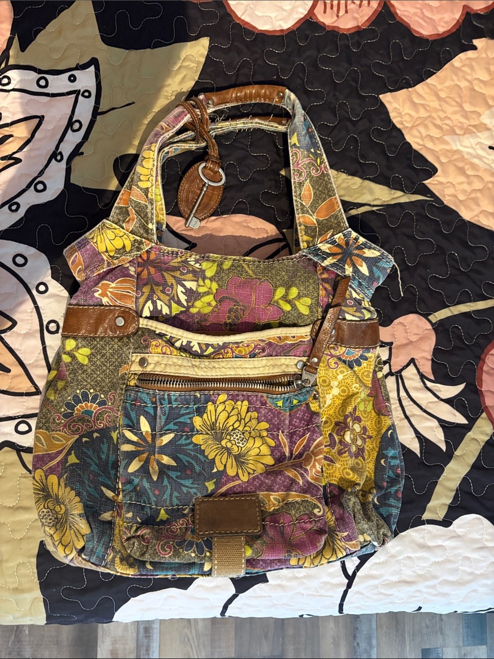 Fossil Floral Canvas Shoulder Bag in Yellow, Purple, Teal and Brown
